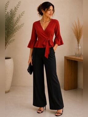 Moon River Red Wrap Peplum Top Bell Sleeve Tie Front Boho Chic XS